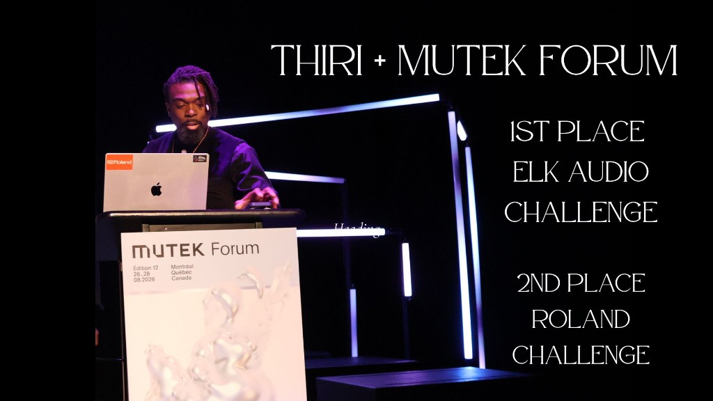 Dennison Blackett at the MUTEK Forum podium. First place, Elk Audio Challenge, Music Hackspace × MUTEK, August 22–23 2026.